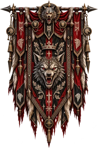 L'étendard de Dornemark : une tête de loup couronnée, en rouge et noir