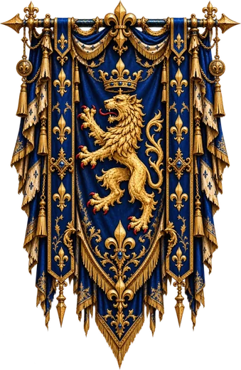 L'étendard de Valdorie : un lion d'or couronné sur fond bleu